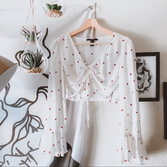 Forever 21 Tops - White and Red Hearts Pattern Crop Top Bell Sleeve